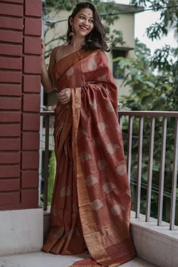 Piquant Brown Linen Silk Saree With Elaborate Blouse Piece