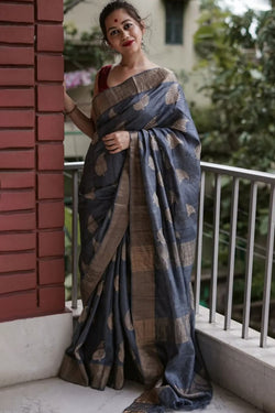 Ephemeral Grey Linen Silk Saree With Brood Blouse Piece