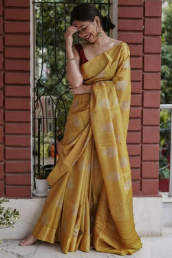 Preferable Mustard Linen Silk Saree With Ravishing Blouse Piece