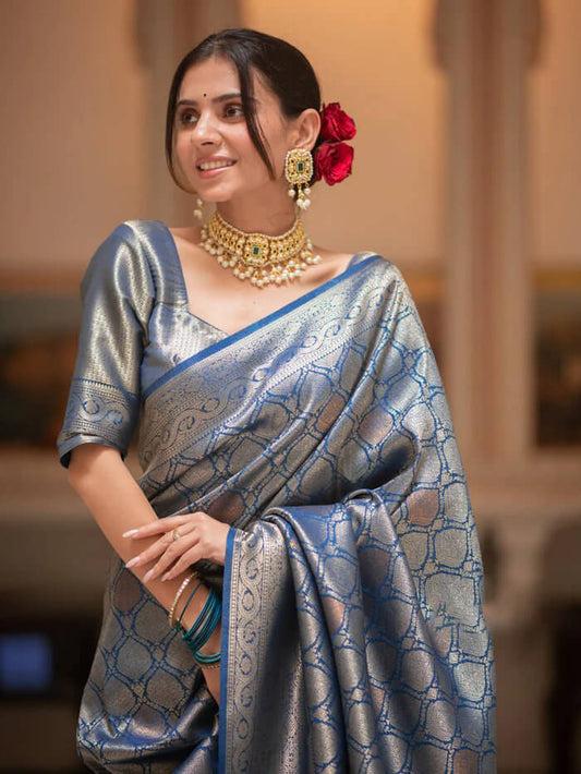 Pleasant Blue Soft Silk Saree With Adorable Blouse Piece