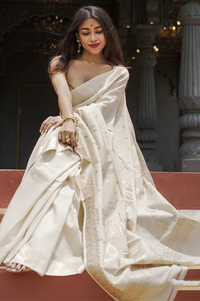 Beauteous Beige Linen Silk Saree With Desultory Blouse Piece