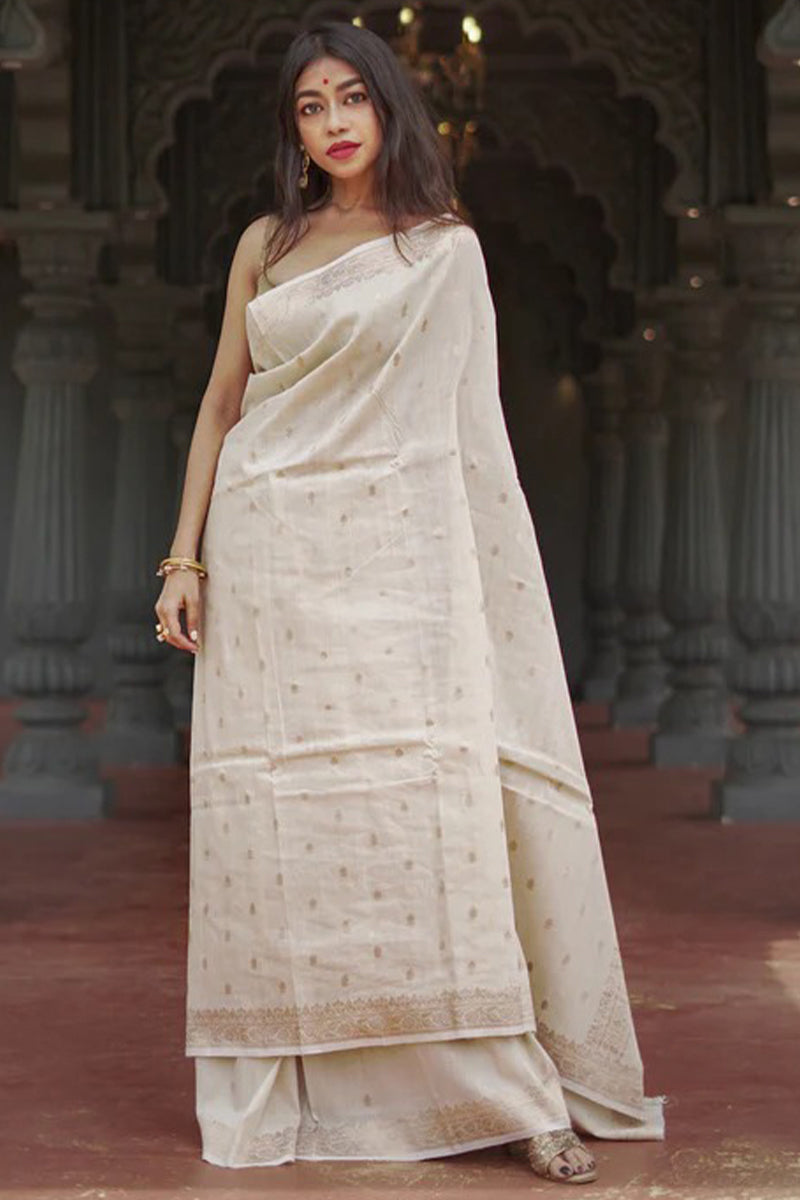 Beauteous Beige Linen Silk Saree With Desultory Blouse Piece