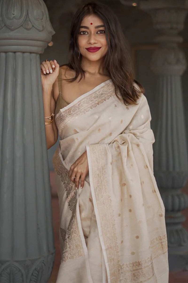 Beauteous Beige Linen Silk Saree With Desultory Blouse Piece