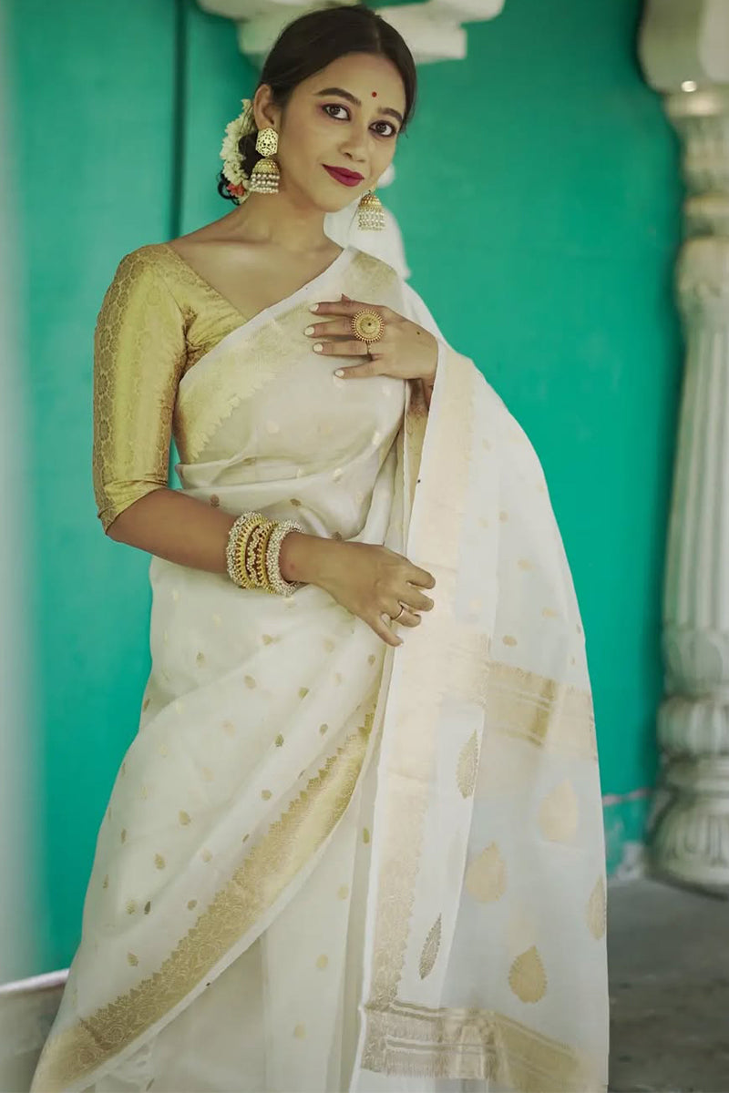 Admirable Off White  Linen Silk Saree With Sumptuous Blouse Piece