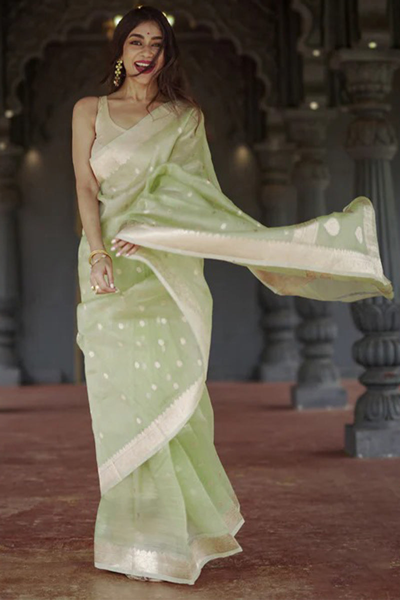 Splendiferous Pista Linen Silk Saree With Panoply Blouse Piece