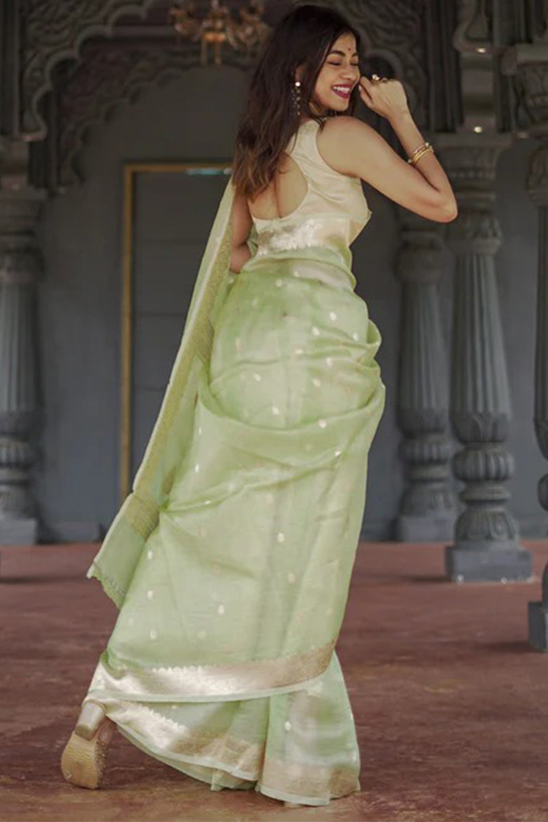 Splendiferous Pista Linen Silk Saree With Panoply Blouse Piece