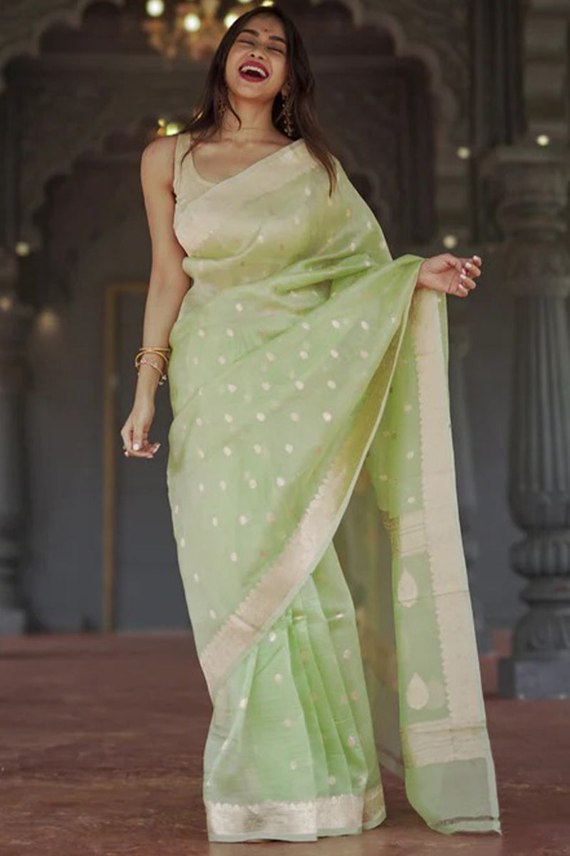 Splendiferous Pista Linen Silk Saree With Panoply Blouse Piece