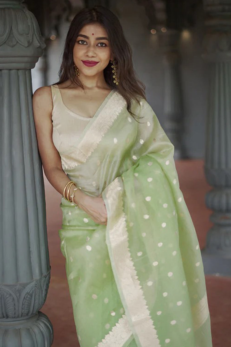 Splendiferous Pista Linen Silk Saree With Panoply Blouse Piece