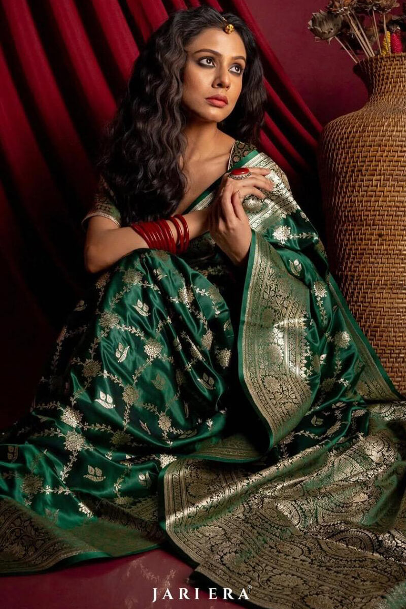 Resonant Dark Green Soft Silk Saree With Embellished Blouse Piece
