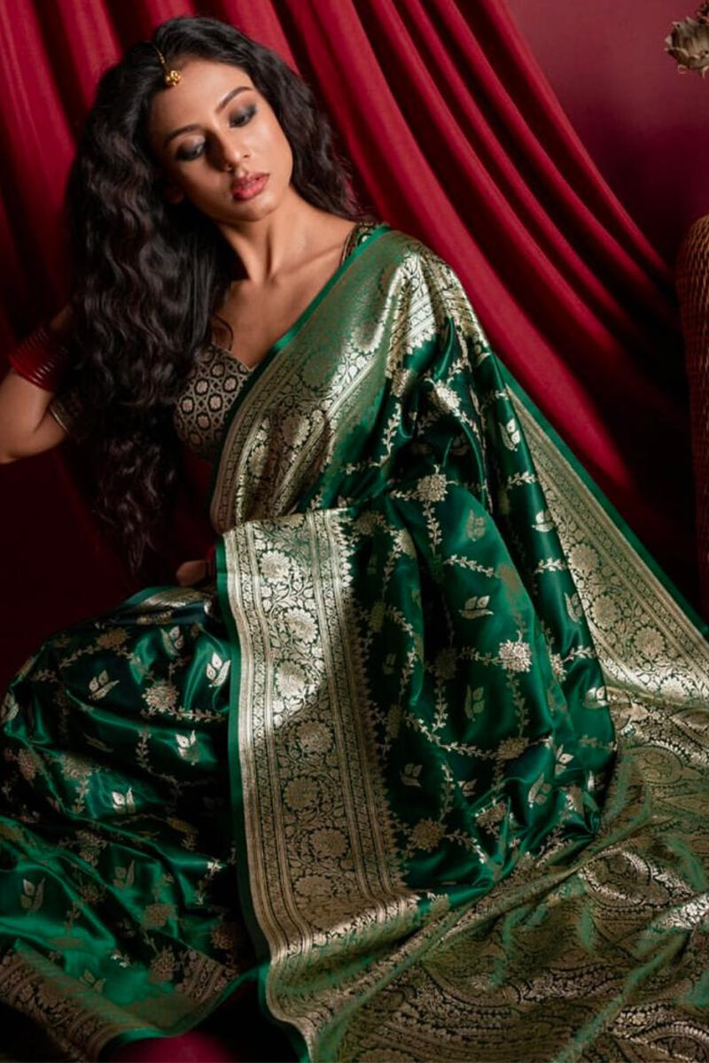 Resonant Dark Green Soft Silk Saree With Embellished Blouse Piece