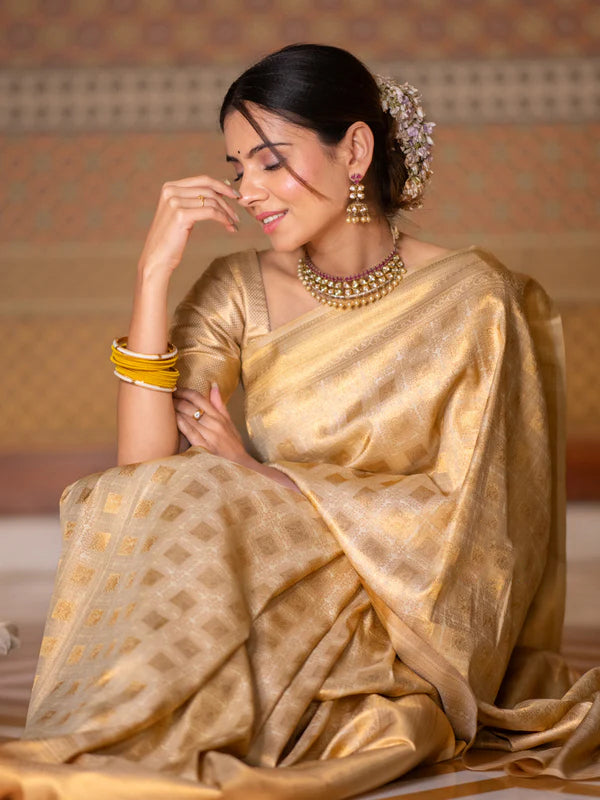 Stylish Beige Soft Silk Saree With Attractive Blouse Piece