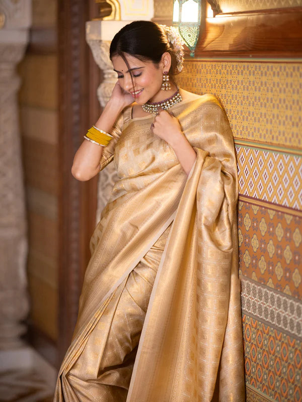 Stylish Beige Soft Silk Saree With Attractive Blouse Piece