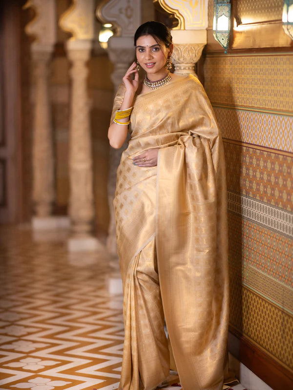 Stylish Beige Soft Silk Saree With Attractive Blouse Piece