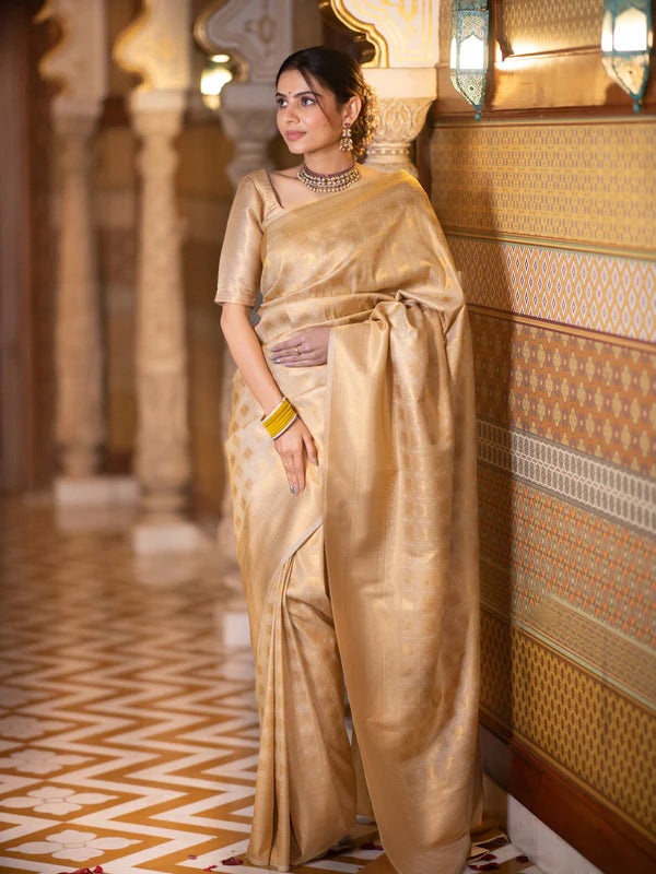 Stylish Beige Soft Silk Saree With Attractive Blouse Piece