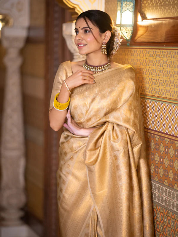 Stylish Beige Soft Silk Saree With Attractive Blouse Piece