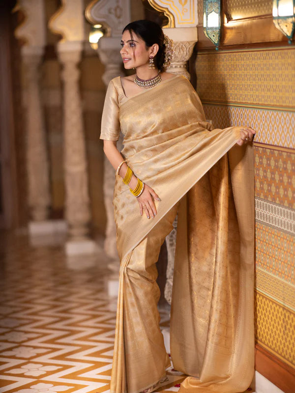 Stylish Beige Soft Silk Saree With Attractive Blouse Piece