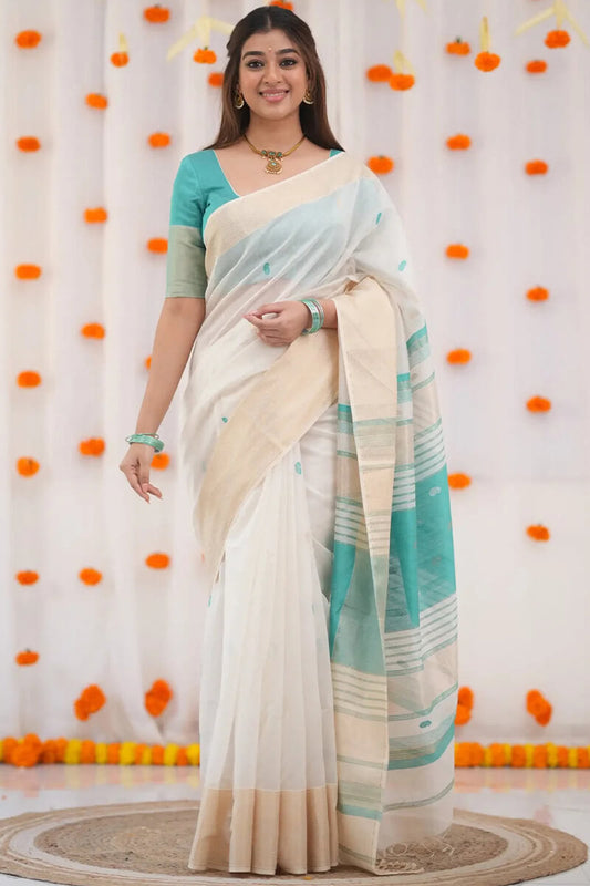 Susurrous Beige Cotton Silk Saree With Propinquity Blouse Piece