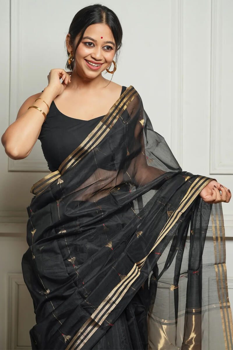 Demesne Black Cotton Silk Saree With Exceptional Blouse Piece