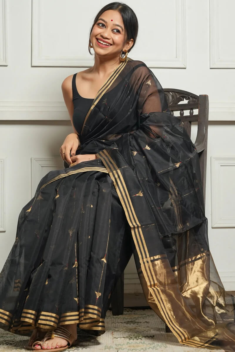 Demesne Black Cotton Silk Saree With Exceptional Blouse Piece