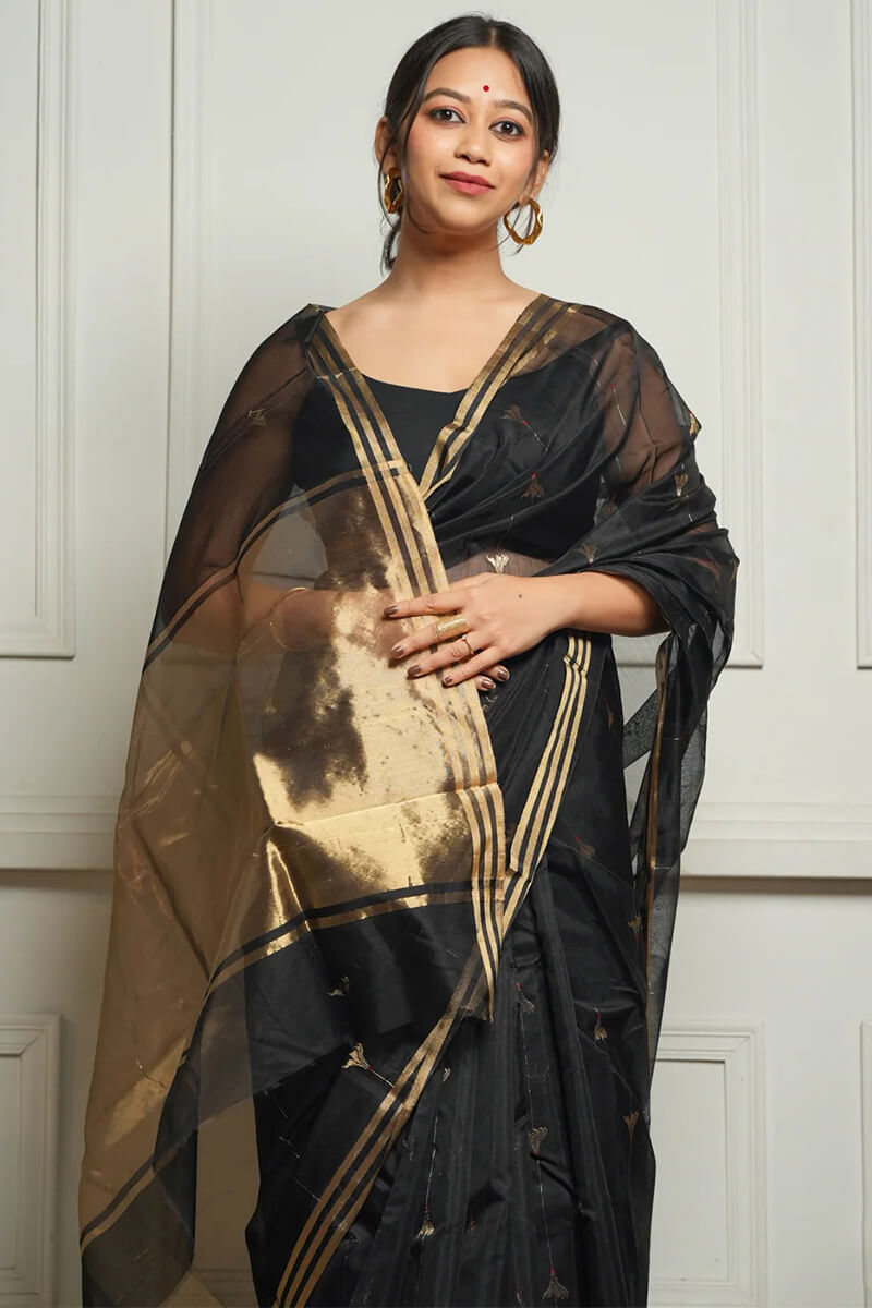 Demesne Black Cotton Silk Saree With Exceptional Blouse Piece