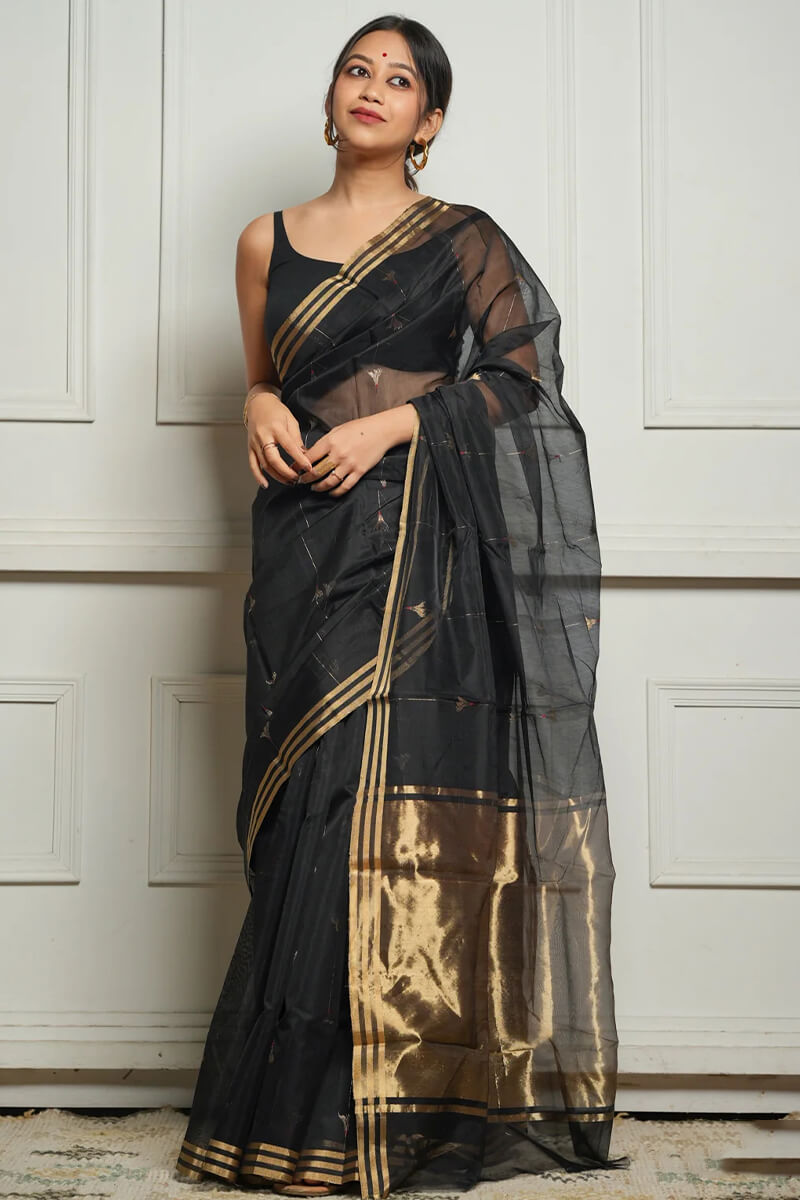 Demesne Black Cotton Silk Saree With Exceptional Blouse Piece