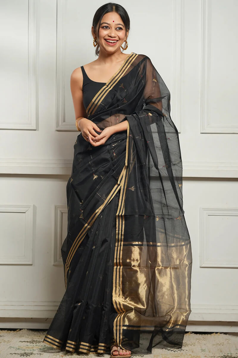 Demesne Black Cotton Silk Saree With Exceptional Blouse Piece