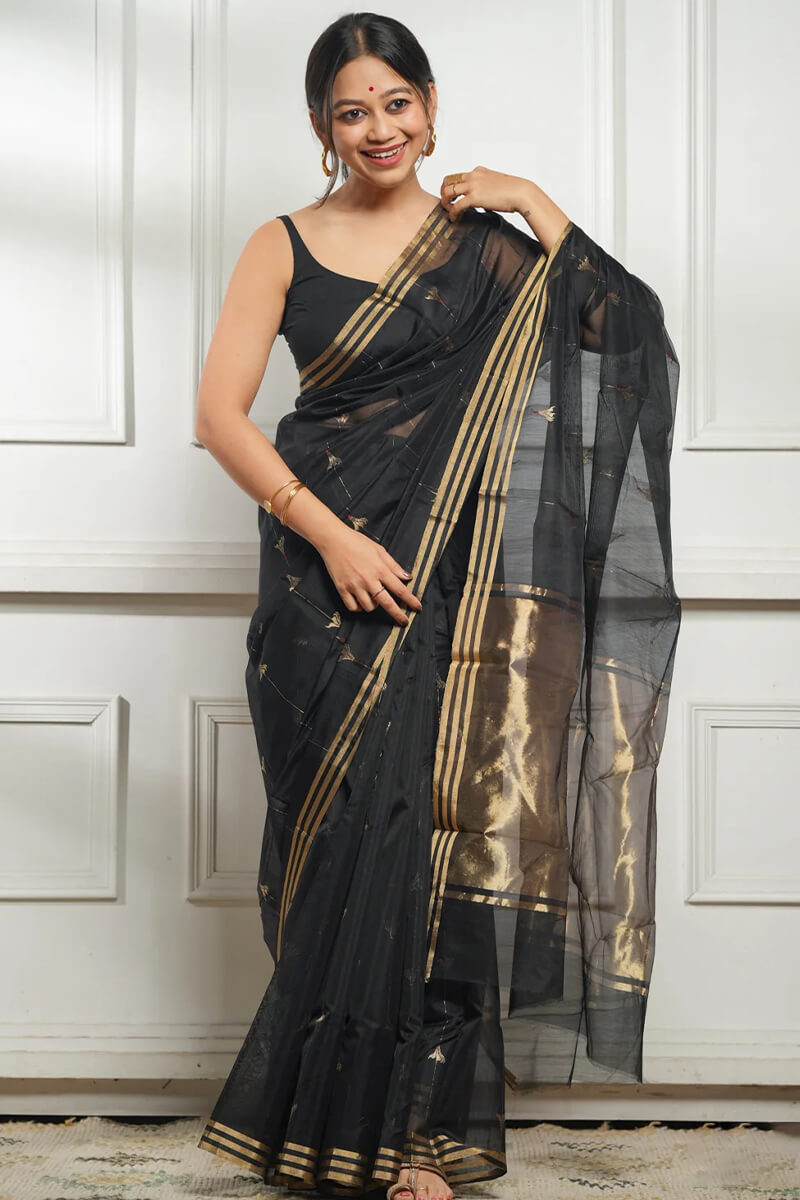 Demesne Black Cotton Silk Saree With Exceptional Blouse Piece