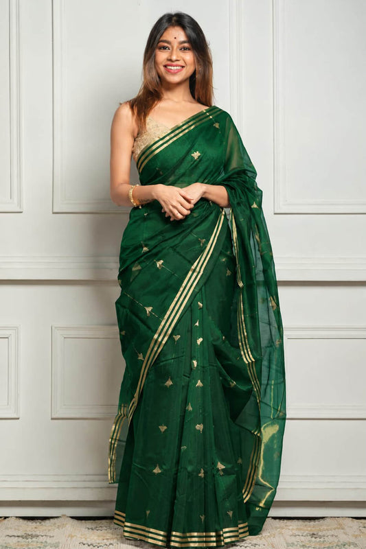 Supernal Green Cotton Silk Saree With Conflate Blouse Piece