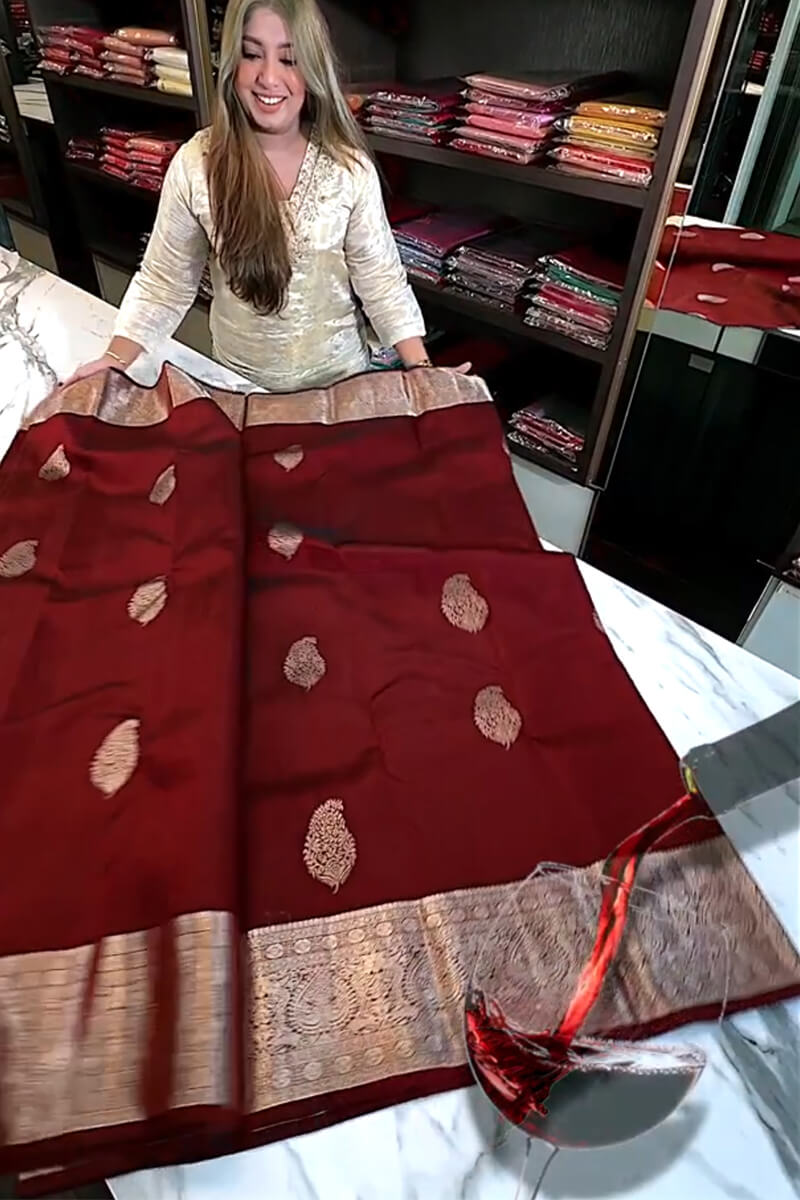 Excellent Wine Soft Banarasi Silk Saree With Sempiternal Blouse Piece