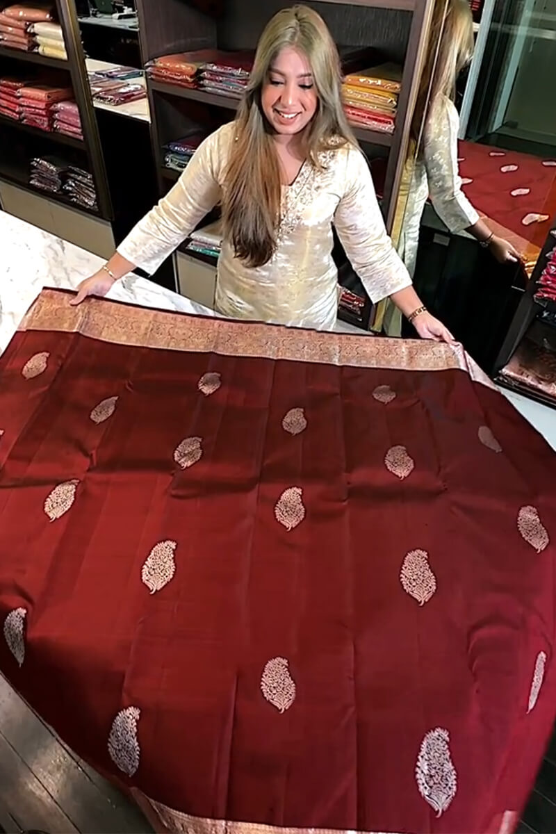 Excellent Wine Soft Banarasi Silk Saree With Sempiternal Blouse Piece