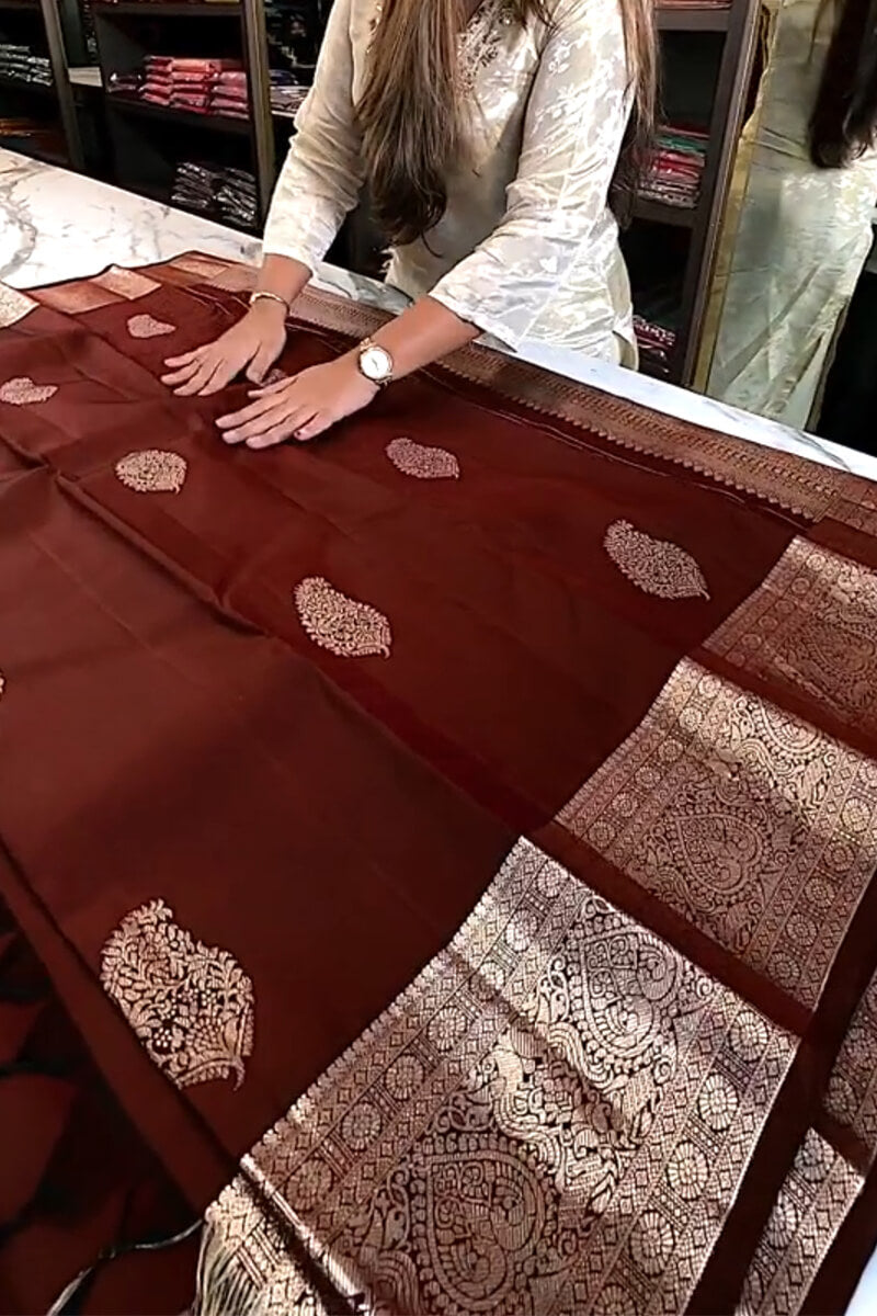 Excellent Wine Soft Banarasi Silk Saree With Sempiternal Blouse Piece