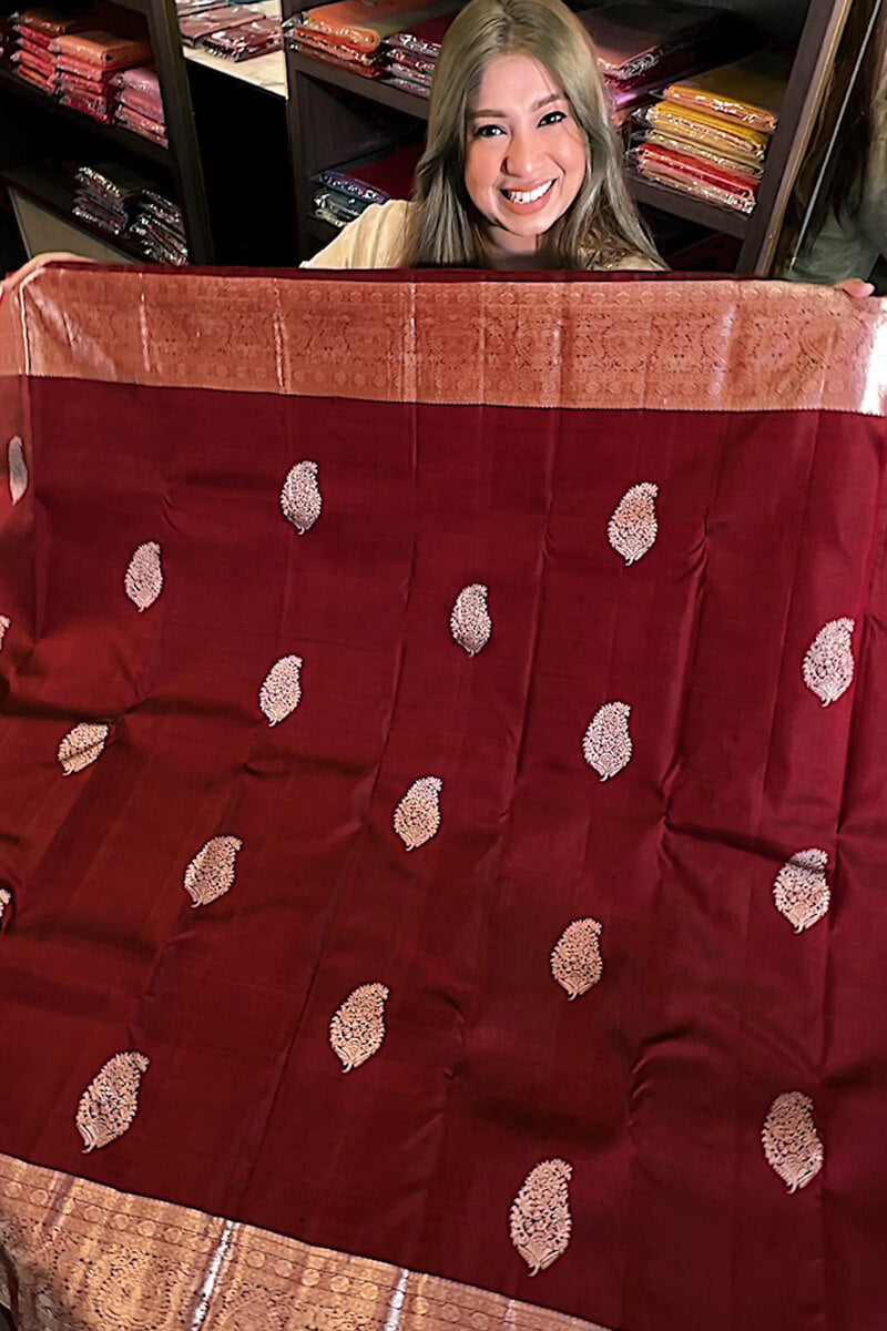 Excellent Wine Soft Banarasi Silk Saree With Sempiternal Blouse Piece