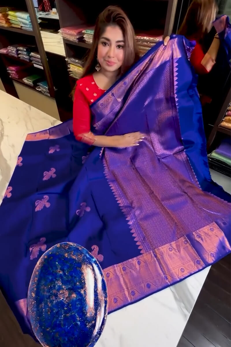 Opulent Royal Blue Soft Banarasi Silk Saree With Adoring Blouse Piece