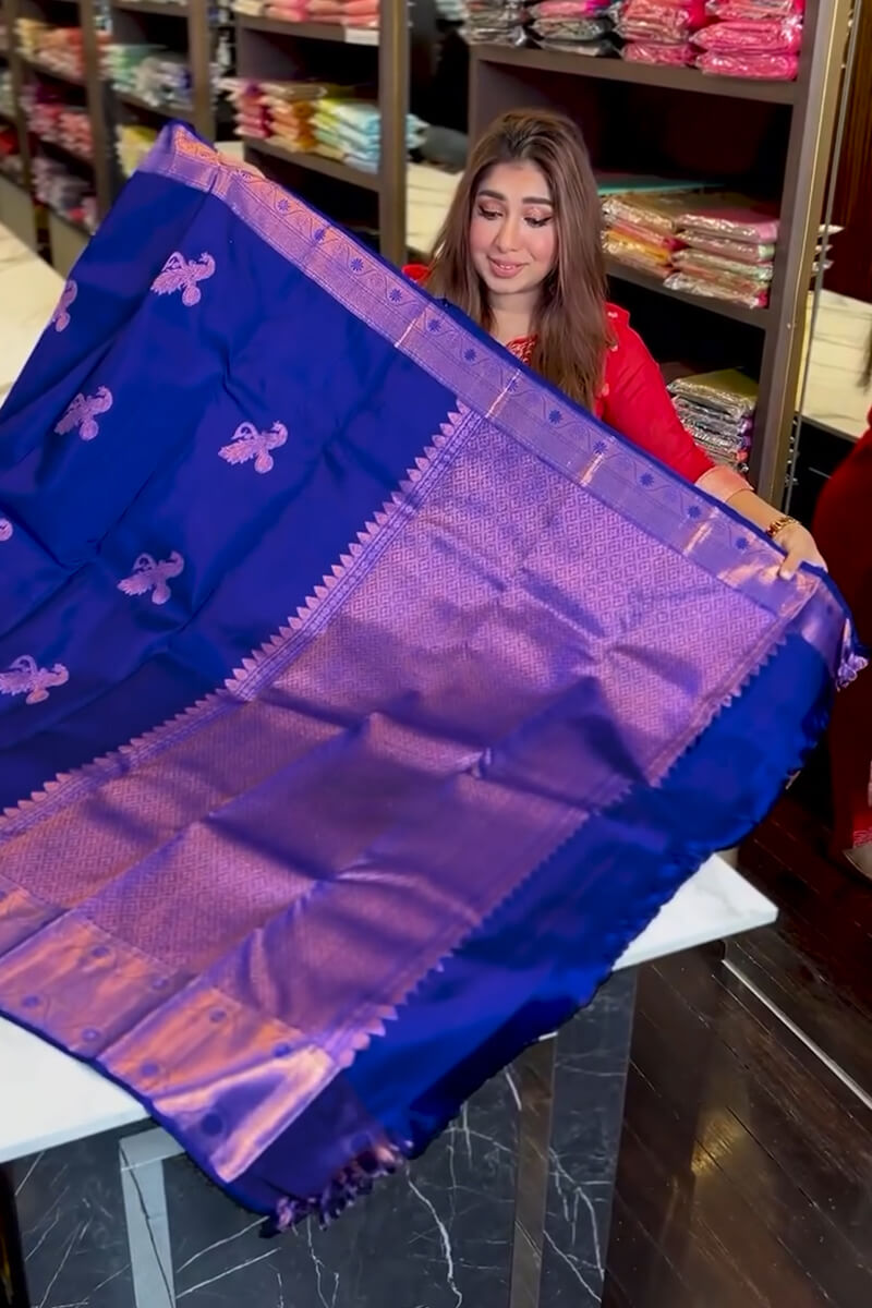 Opulent Royal Blue Soft Banarasi Silk Saree With Adoring Blouse Piece