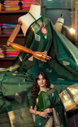 Glorious Dark Green Soft Banarasi Silk Saree With Surpassing Blouse Piece