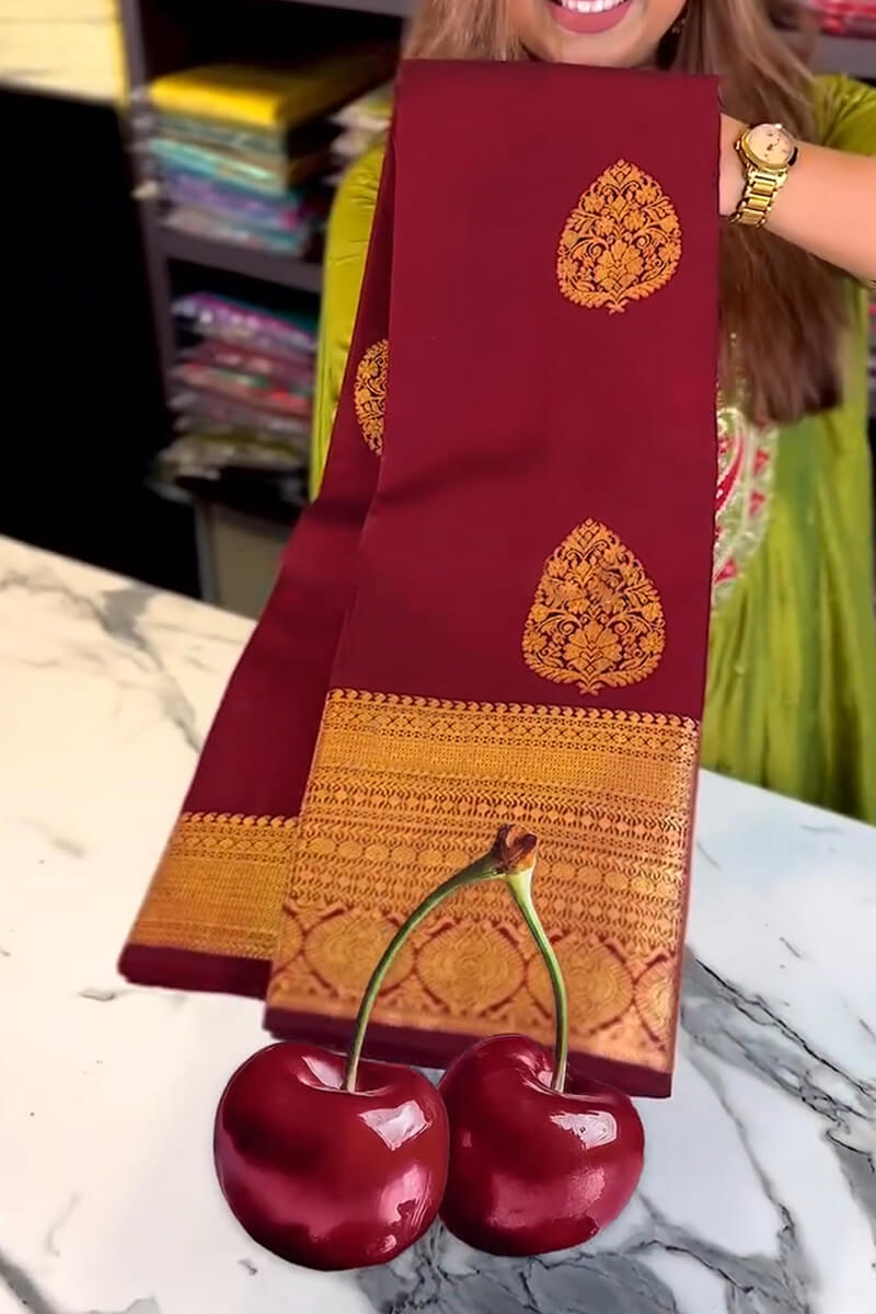 Bewitching Wine Soft Banarasi Silk Saree With Assemblage Blouse Piece