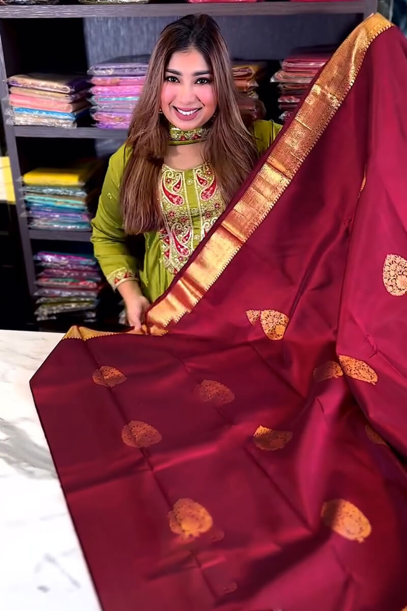 Bewitching Wine Soft Banarasi Silk Saree With Assemblage Blouse Piece
