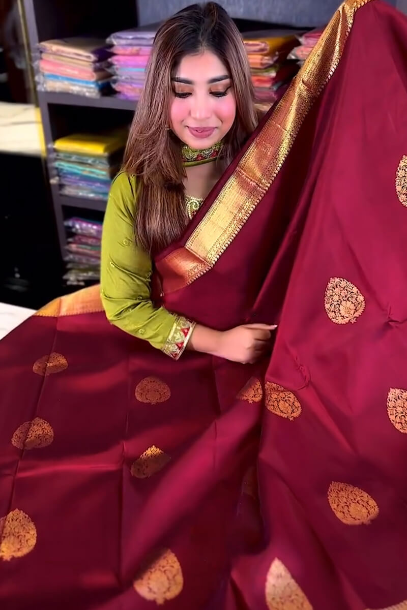 Bewitching Wine Soft Banarasi Silk Saree With Assemblage Blouse Piece