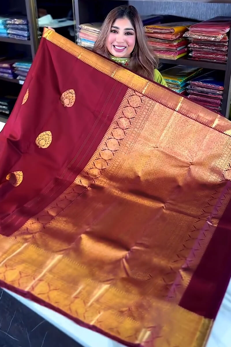 Bewitching Wine Soft Banarasi Silk Saree With Assemblage Blouse Piece