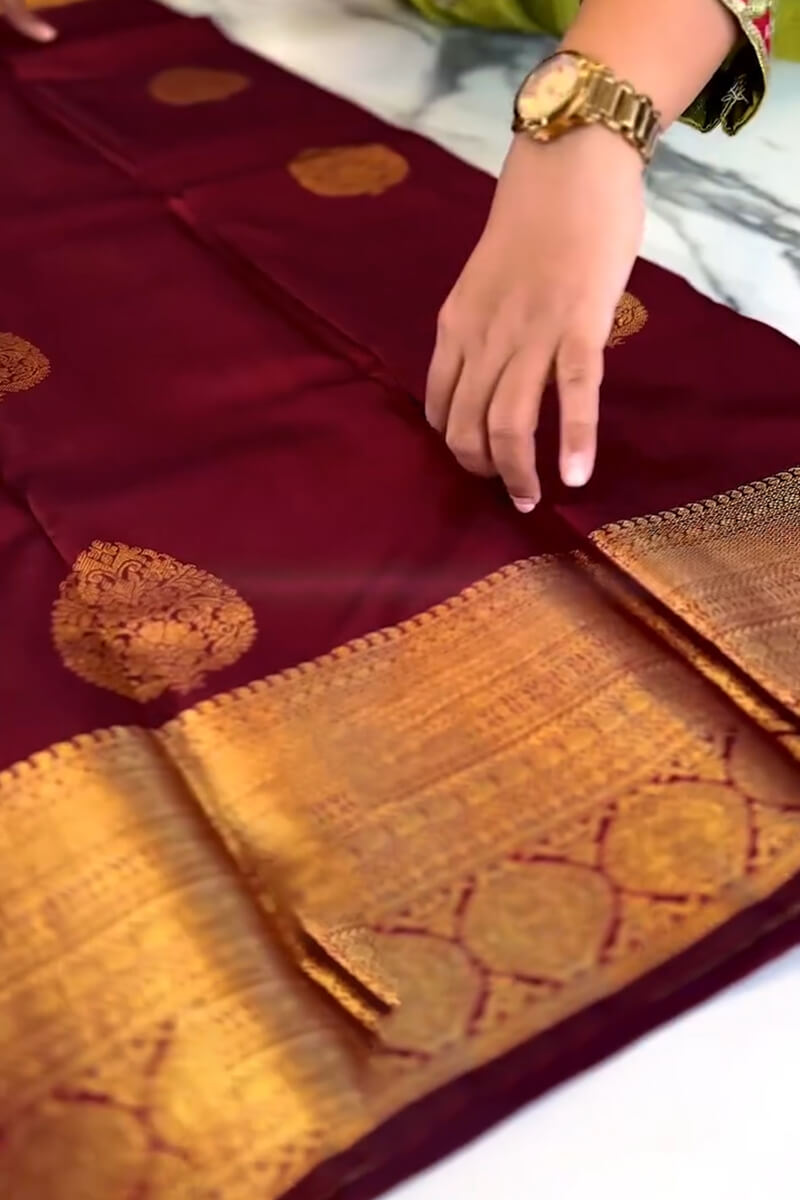 Bewitching Wine Soft Banarasi Silk Saree With Assemblage Blouse Piece