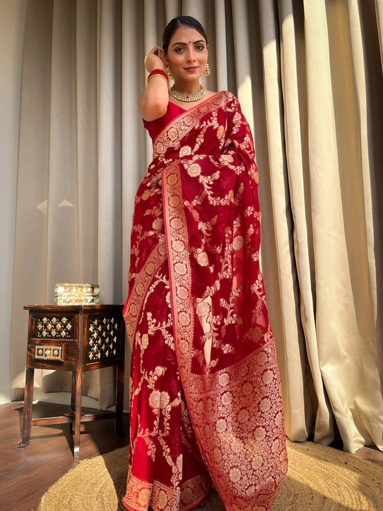 Majestic Red Soft Silk Saree With Exceptional Blouse Piece