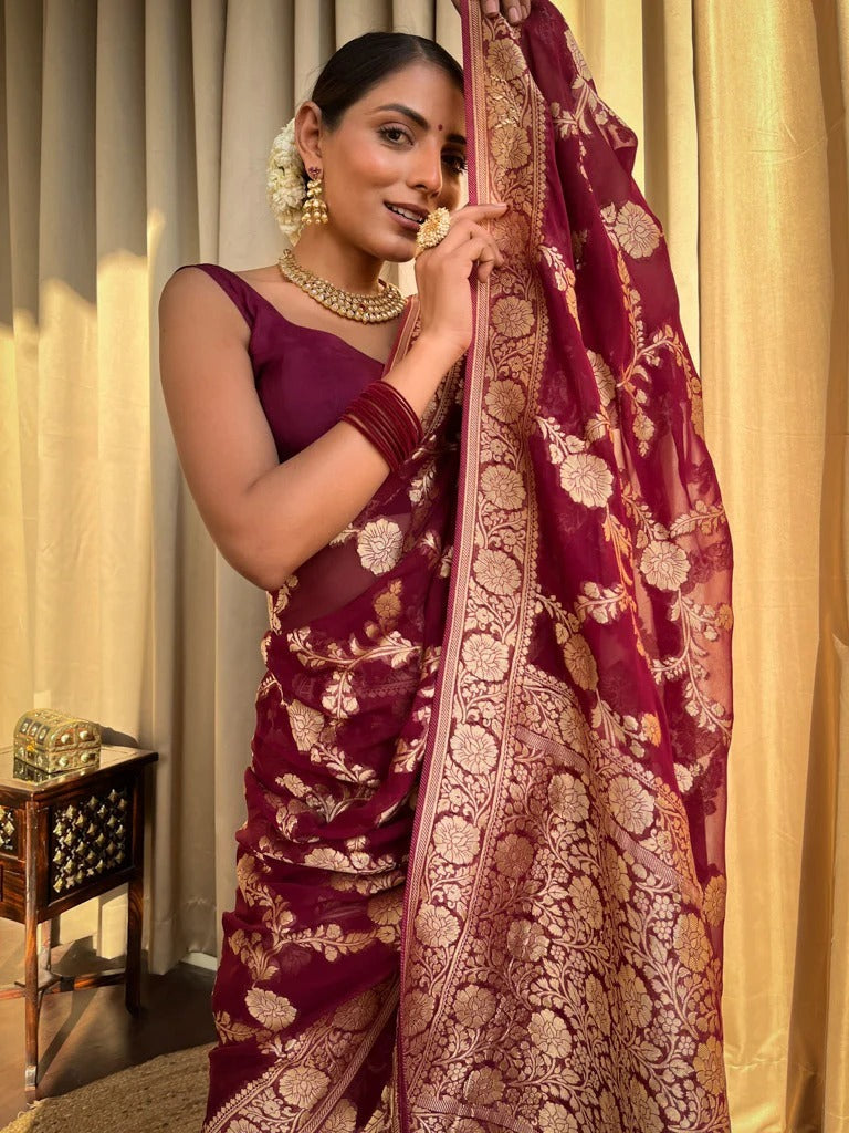 Enigmatic Wine Soft Silk Saree With Beauteous Blouse Piece