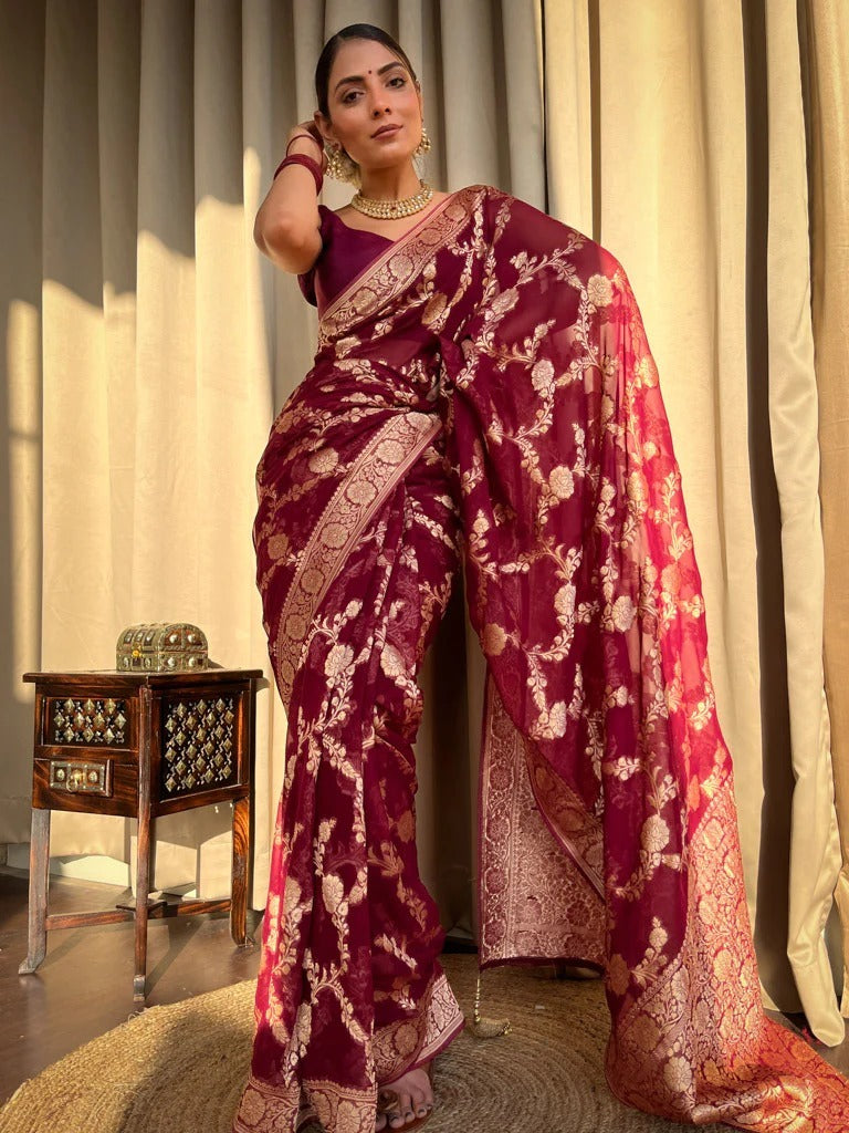 Enigmatic Wine Soft Silk Saree With Beauteous Blouse Piece