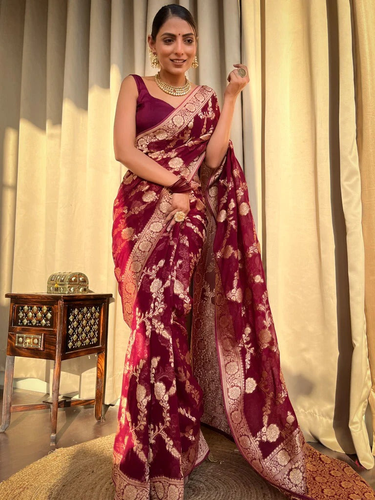 Enigmatic Wine Soft Silk Saree With Beauteous Blouse Piece