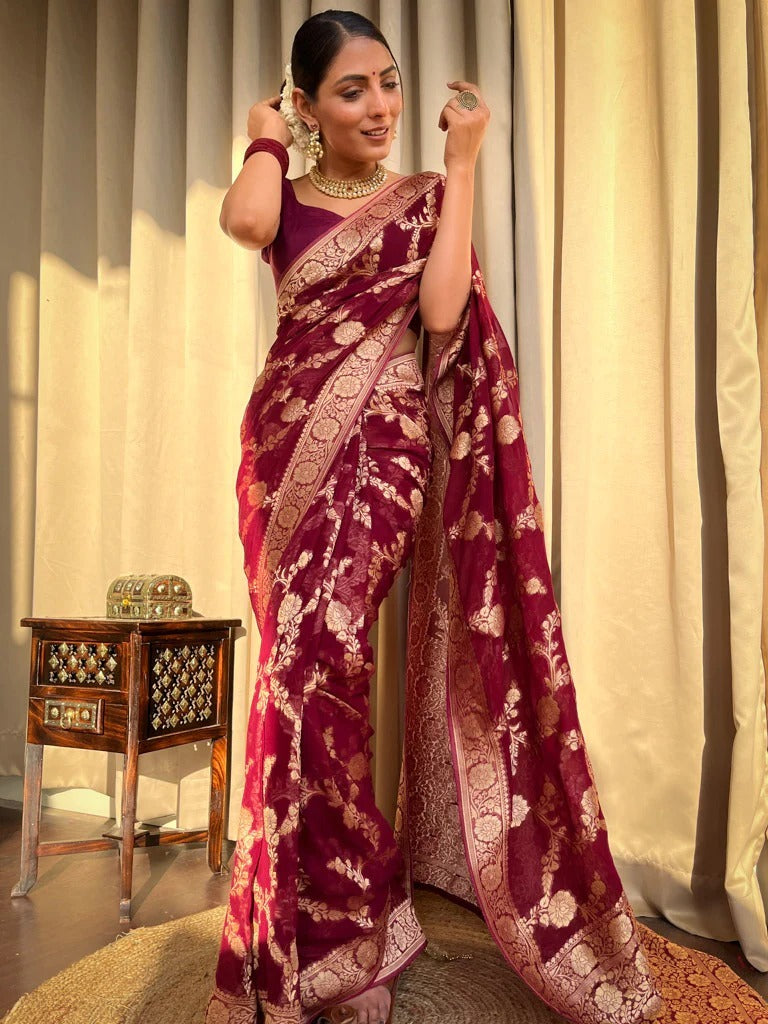 Enigmatic Wine Soft Silk Saree With Beauteous Blouse Piece