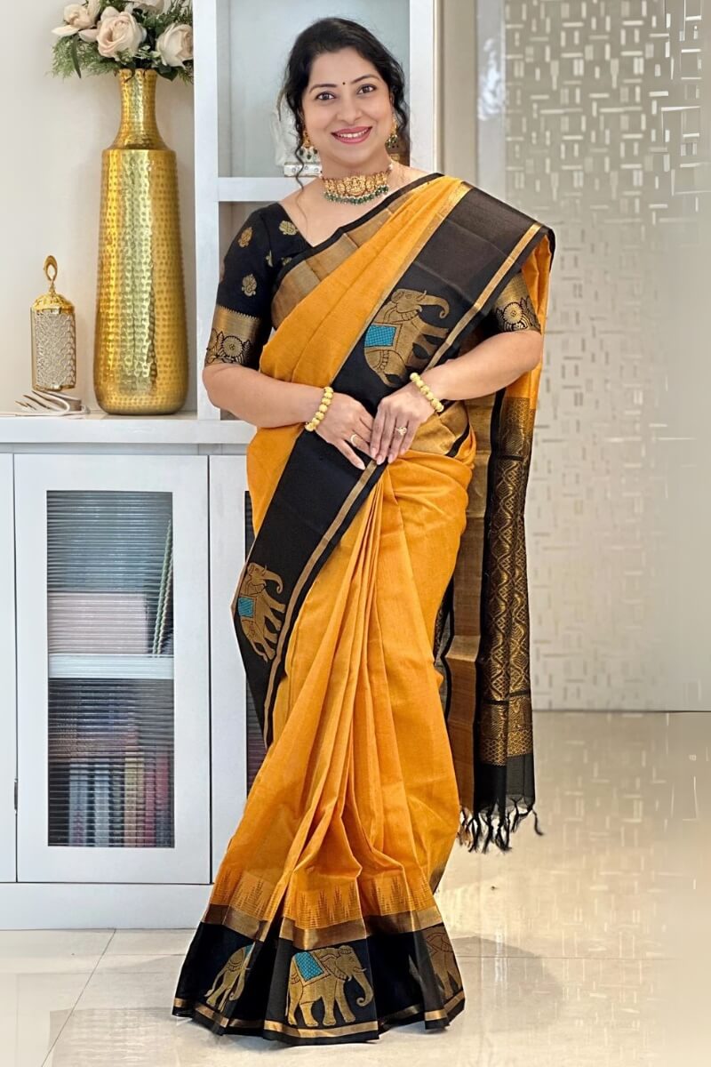 Ephemeral Mustard Soft Silk Saree With Precious Blouse Piece
