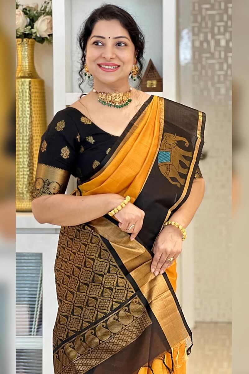 Ephemeral Mustard Soft Silk Saree With Precious Blouse Piece
