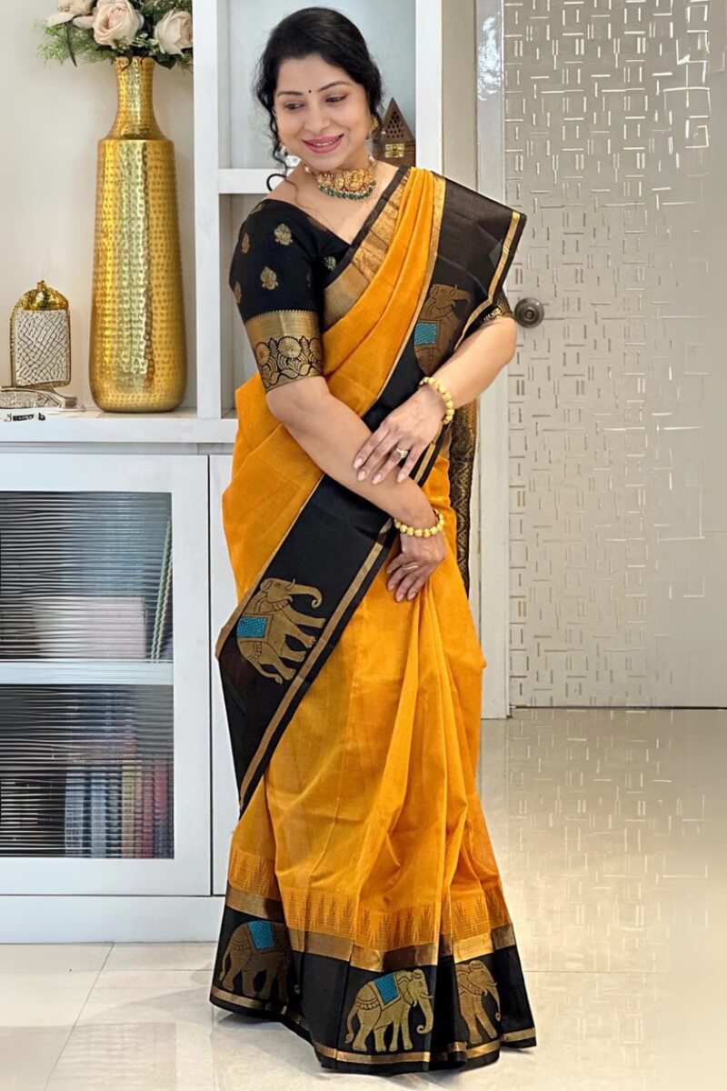 Ephemeral Mustard Soft Silk Saree With Precious Blouse Piece