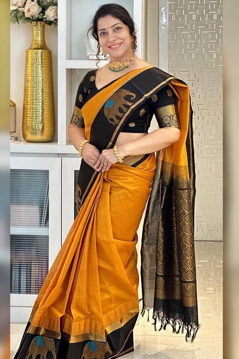 Ephemeral Mustard Soft Silk Saree With Precious Blouse Piece