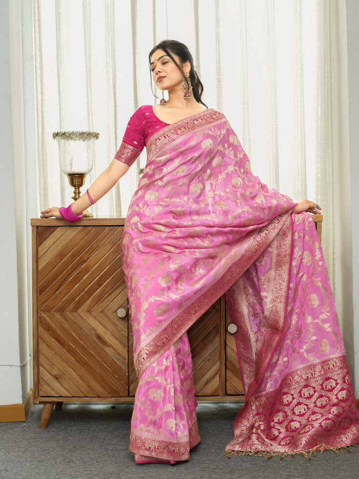 Incomparable Baby Pink Soft Silk Saree With Whimsical Blouse Piece